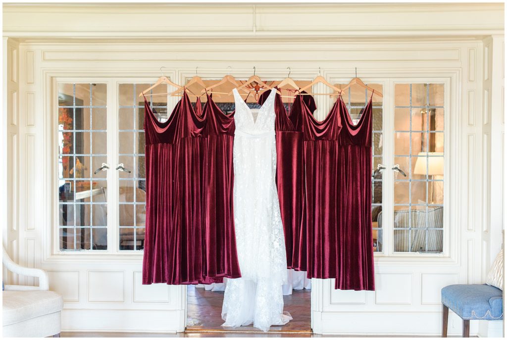 wedding dress and red bridesmaid dresses